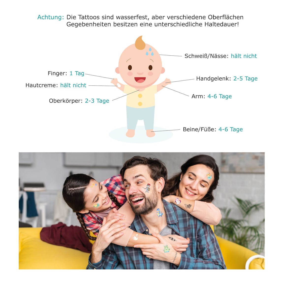 Kindertattoos, 100Stk. Metallic, Hautfreundlich - Meerjungfrau