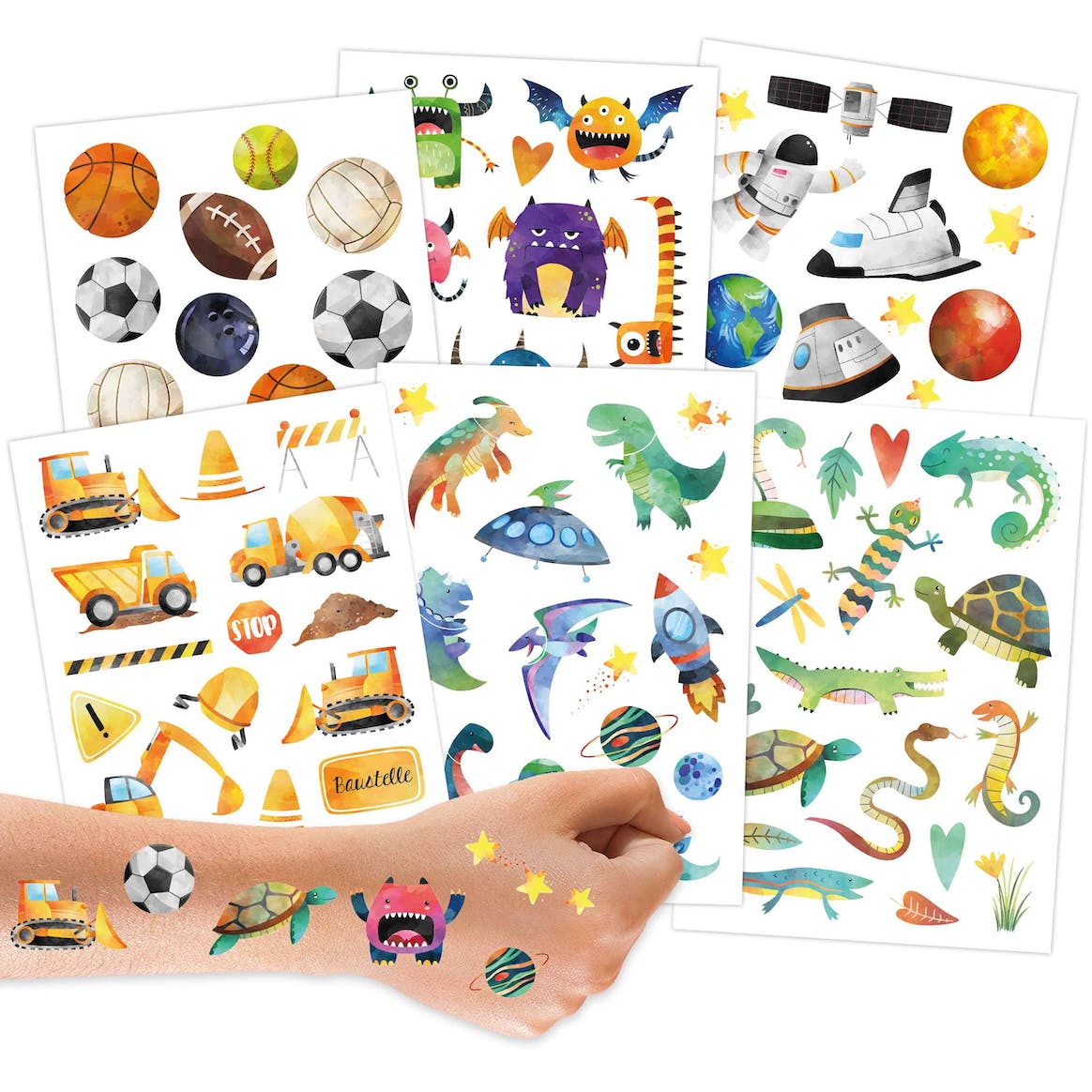 Kindertattoos, 100Stk. Metallic, Hautfreundlich - Bagger und Dinos