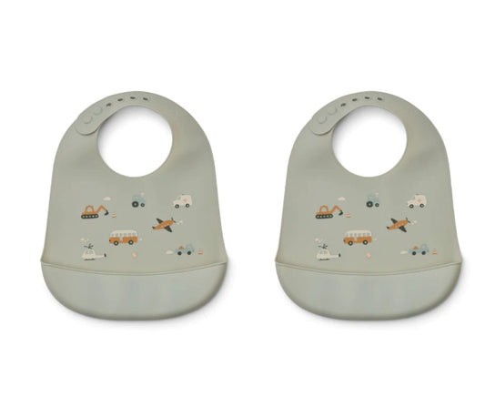 Kinderlätzli aus Silikon, Tilda 2er Pack Bib - LIEWOOD Fahrzeuge Mix Dove blue