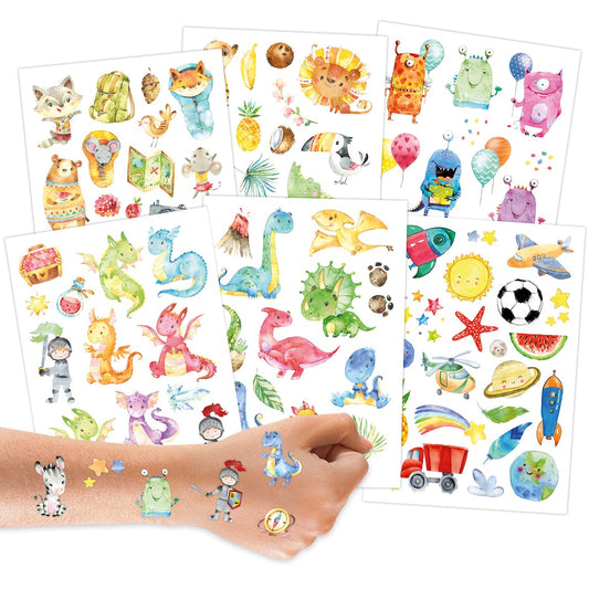 Kindertattoos, 100Stk. Metallic, Hautfreundlich - Monstern, Drachen, Waldtieren etc.